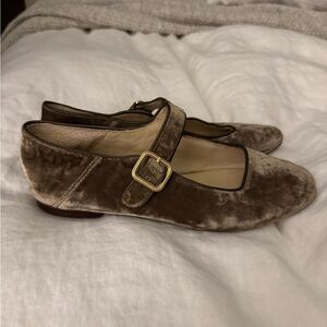 Velvet Mary Jane Flats in Taupe with Gold Buckle